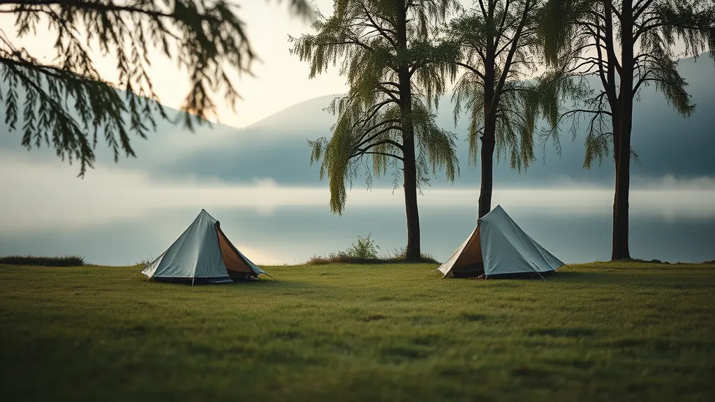 A grassy lakeside camping meadow at first light, two small canvas tents pitched apart under old alders, mist lying low over the still water beyond.