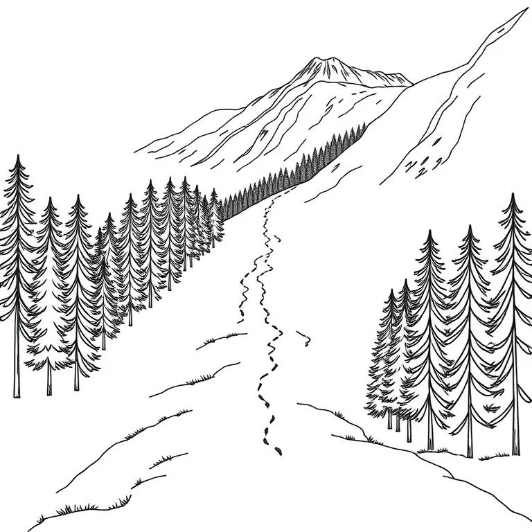 A line drawing of a steep footpath climbing through a wooded alpine valley towards a ridge.