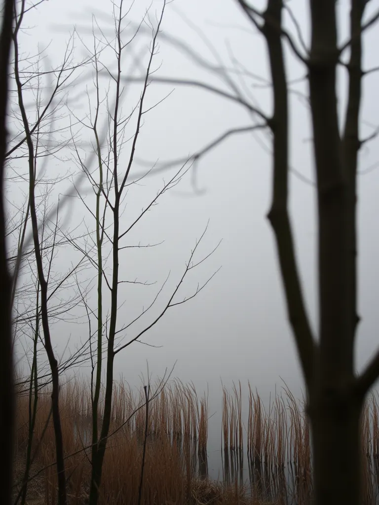 Thick mist standing over a quiet alpine lake, bare alder branches in the near foreground, the far shore dissolving into pale grey.