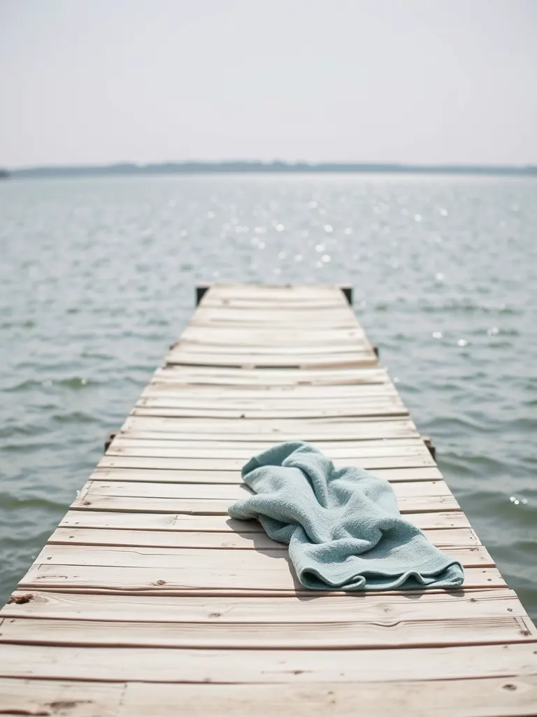 A weathered wooden bathing jetty reaching into a calm lake on a hot afternoon, its planks bleached pale and a towel left on the end, the water glittering beyond.