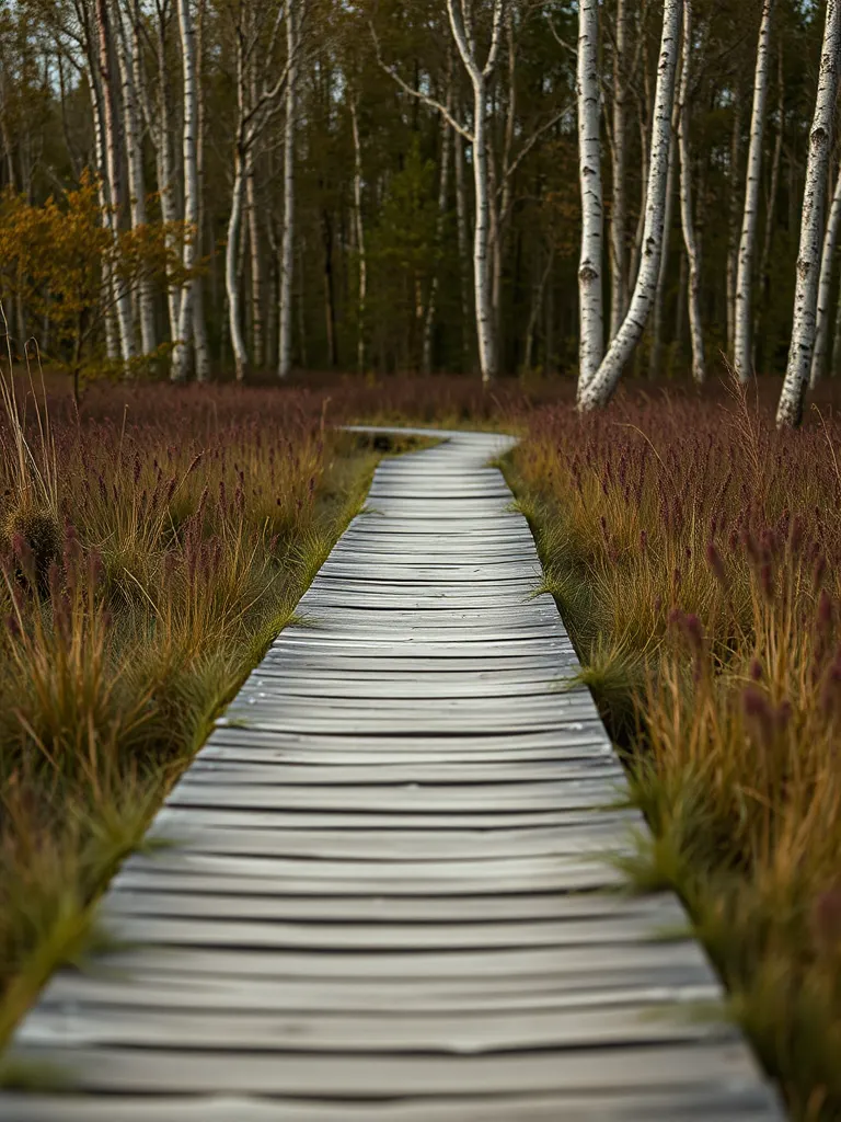 A narrow boardwalk of weathered planks running through low moor grass and heather, leading into birch scrub.