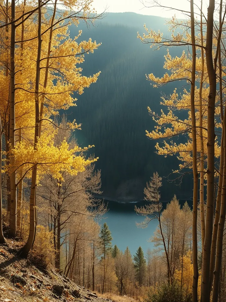A view down a wooded valley towards a lake far below, larches on the slope and low sun raking across it, the water small at the bottom of the picture.