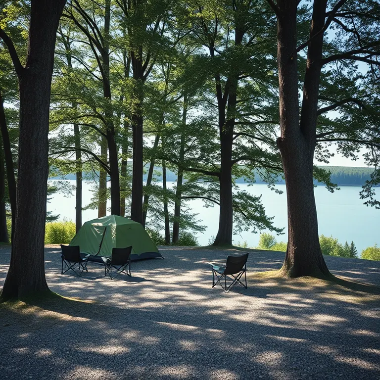 A camping terrace on fine grey gravel under old alder trees, a small tent and two folding chairs in dappled shade, a lake just visible through the trunks.