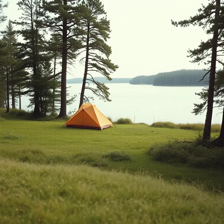 A grass camping meadow sloping gently down to open water, a single ridge tent pitched on the turf, alder trees to one side and a low wooded shore beyond.