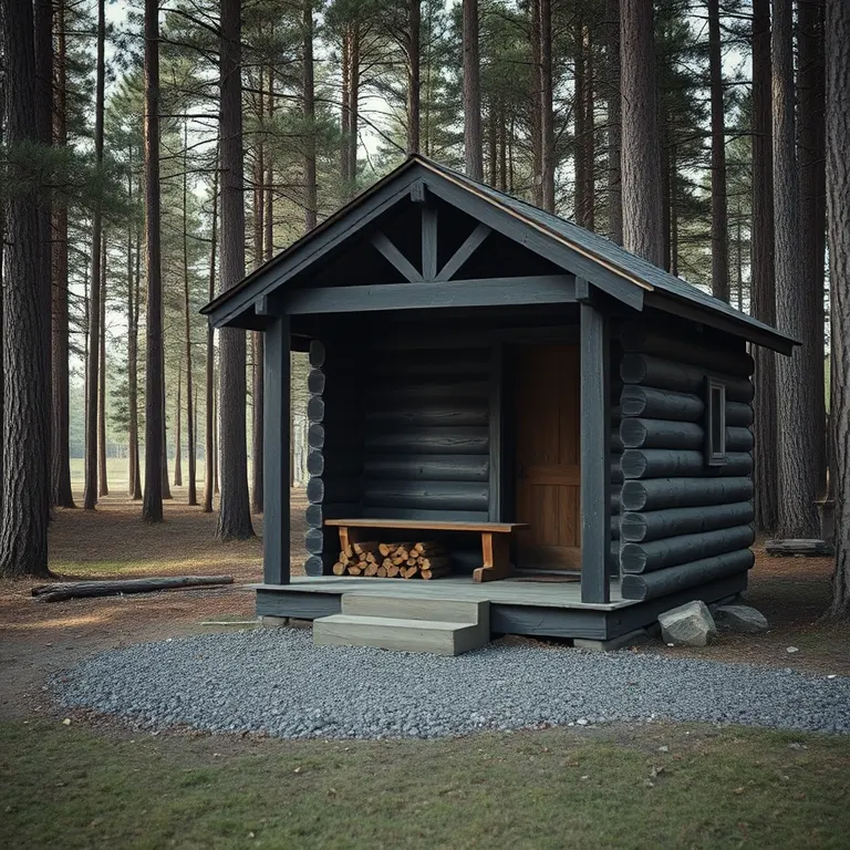 A small dark timber cabin at the edge of a pine wood, a covered bench under its overhanging roof, firewood stacked beside the step.