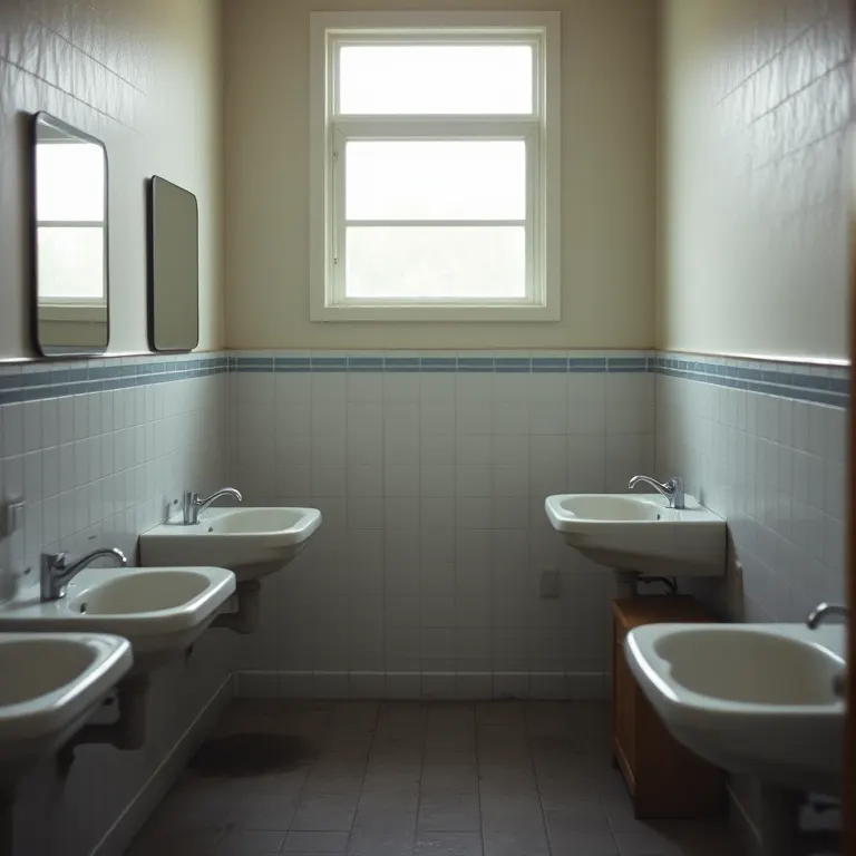 A plain campsite washroom with a row of white basins along a tiled wall, morning light falling through a high window onto the wet floor.