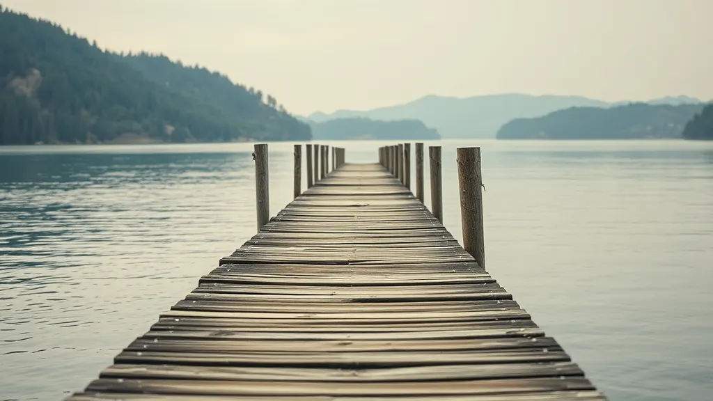 A wooden jetty at a lake bathing place seen along its length, weathered planks and mooring posts, still water either side and wooded hills low on the far shore.