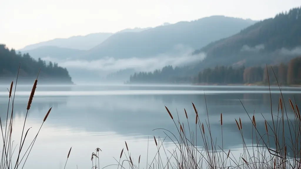 A lake in the early morning with mist lying across the water, reeds and alders in the foreground, wooded slopes pale grey behind.